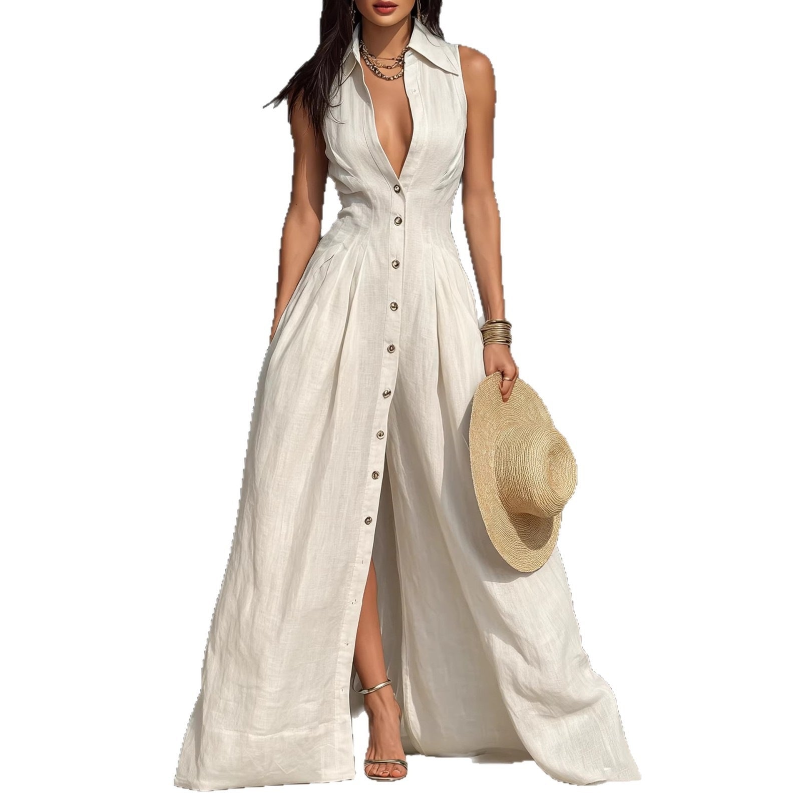 Robe chemise sans manches à taille haute