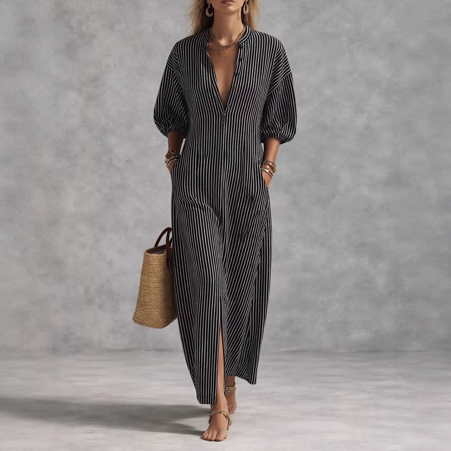 Robe longue fluide à manches ballon