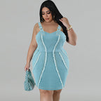 Sleeveless light blue denim trapeze dress