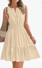 Bohemian pleated linen dress, round neck, fitted waist