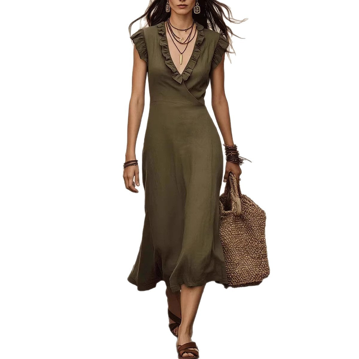 Robe midi fluide lin-coton encolure V volants