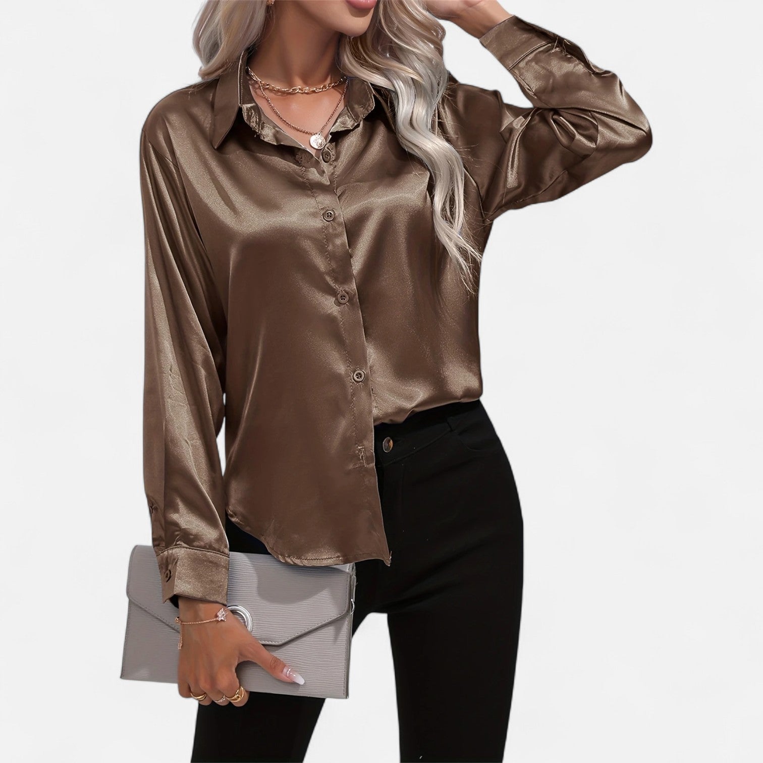 Chemisier boutonné en satin pour femme – Chemise classique à manches longues et revers