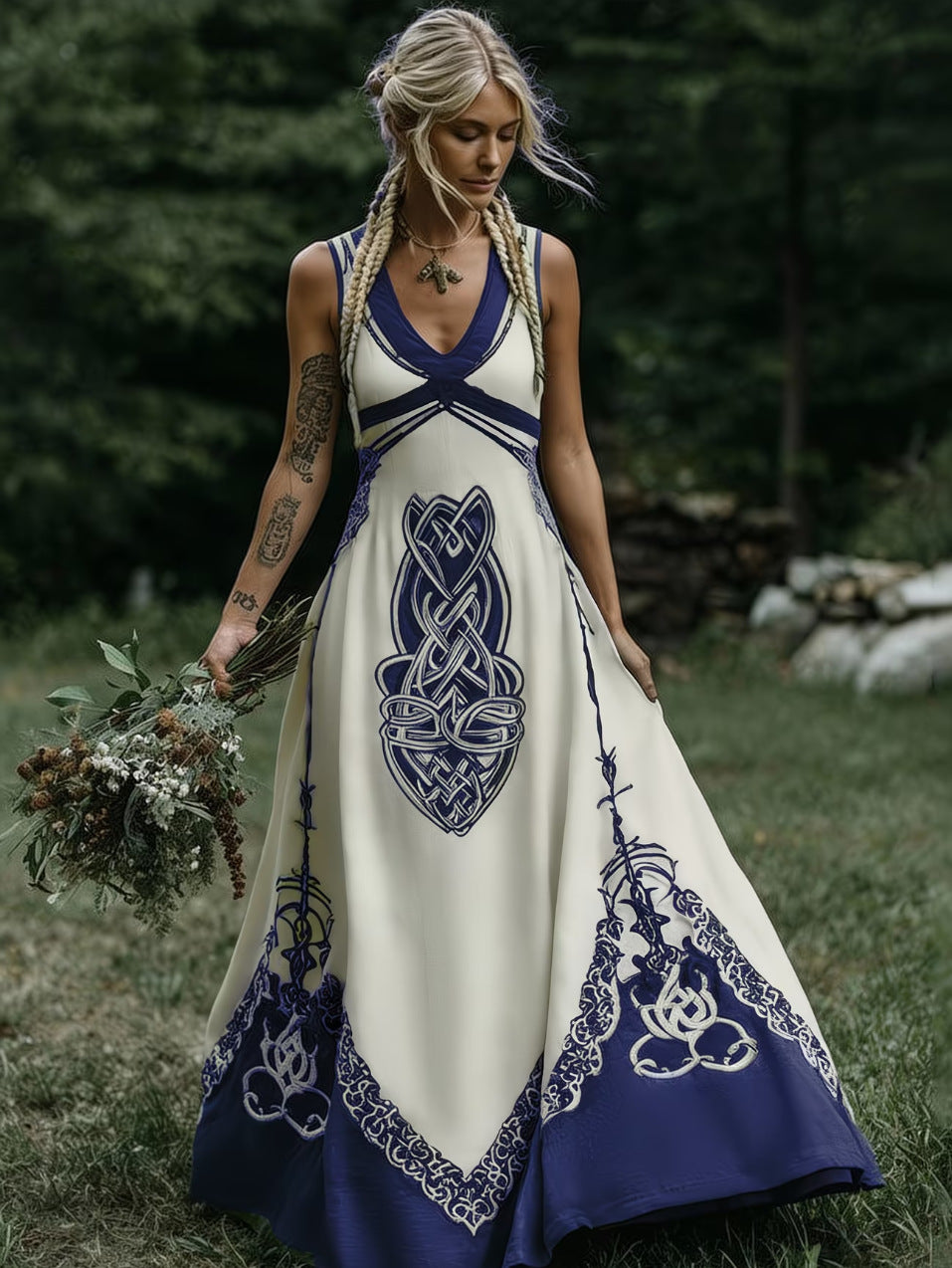 Robe longue bohème à imprimé artistique et encolure V
