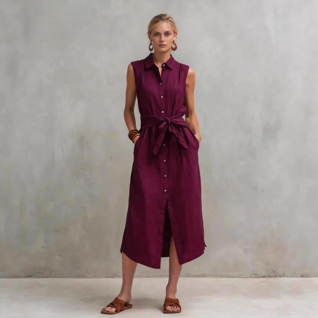 Robe droite lin-coton sans manches teinte unie