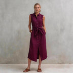 Robe droite lin-coton sans manches teinte unie