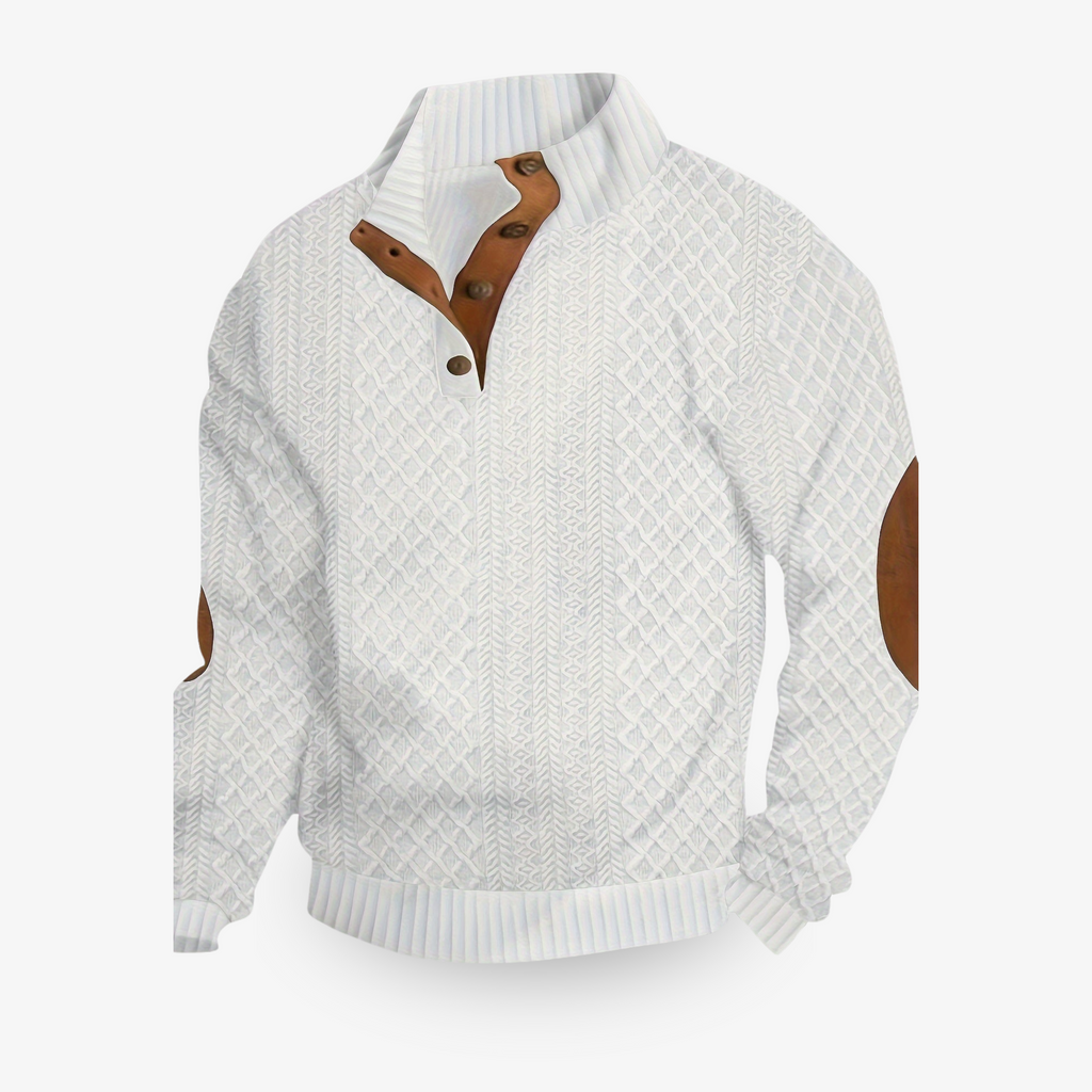 Pull-over blanc texturé avec boutons en bois et coudières marron, style élégant et moderne, idéal pour l'hiver. Mode homme, vêtement chaud.