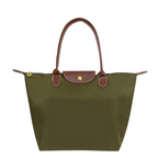 Sac à main vert olive avec poignées marron en cuir, fermeture à bouton doré, design élégant et pratique, idéal pour la mode féminine et le quotidien.
