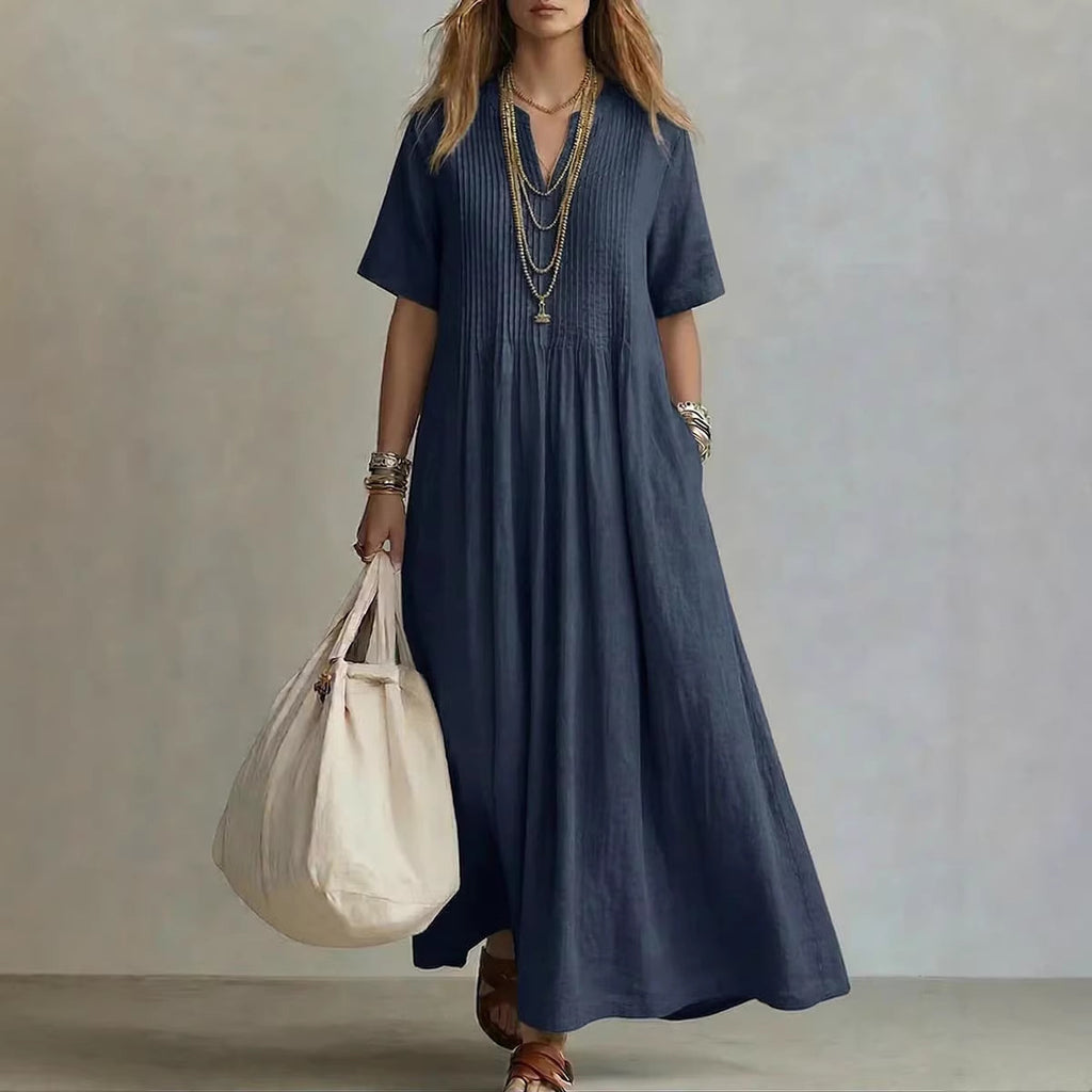 Robe lin coton longueur maxi, col V et fronces
