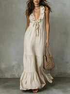 Robe longue lin coton col V sans manches