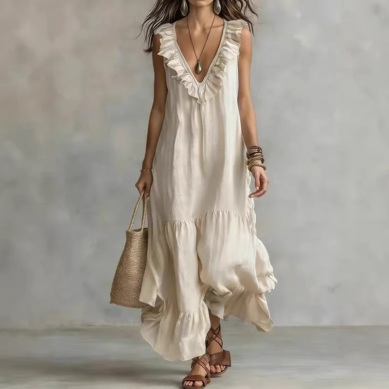 Robe longue dentelle casual fluide sans manches