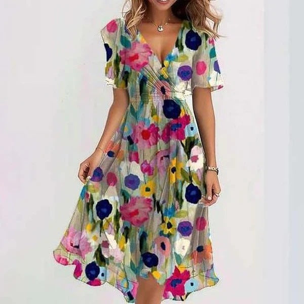 Robe d'été fleurie pour femme, manches courtes, décolleté en V, motif floral coloré, style décontracté, idéale pour la saison estivale.