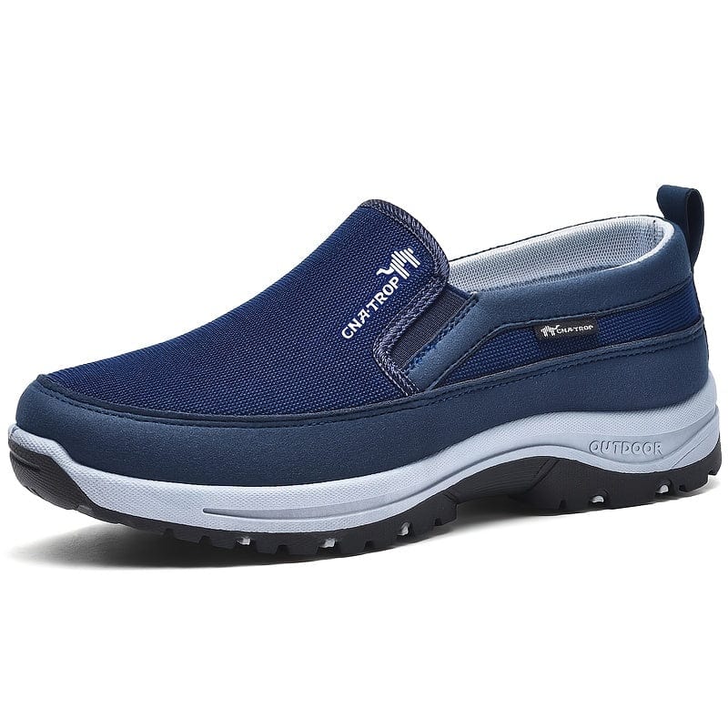 Chaussure de marche bleue pour homme, antidérapante, imperméable, semelle épaisse, idéale pour randonnée et activités extérieures.