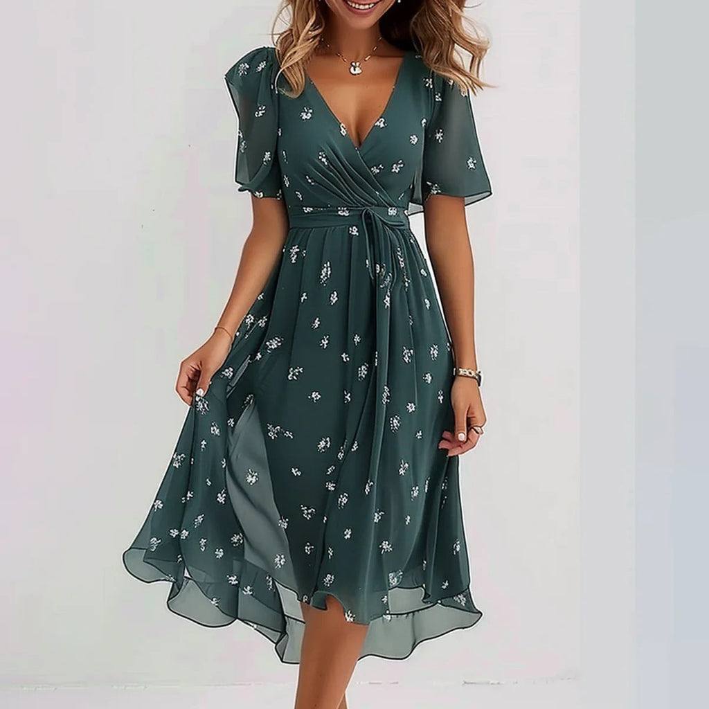 Robe verte à fleurs blanches, manches courtes, décolleté en V, longueur mi-mollet, style élégant et fluide, mode féminine tendance.