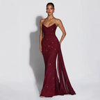 Sequin evening dress with side slit