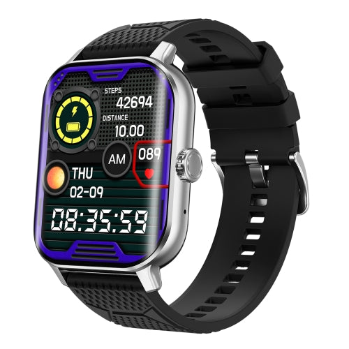 Montre connectée noire avec écran tactile affichant l'heure, le nombre de pas, la distance, et le rythme cardiaque. Accessoire fitness moderne.