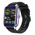 Montre connectée noire avec écran tactile affichant l'heure, le nombre de pas, la distance, et le rythme cardiaque. Accessoire fitness moderne.