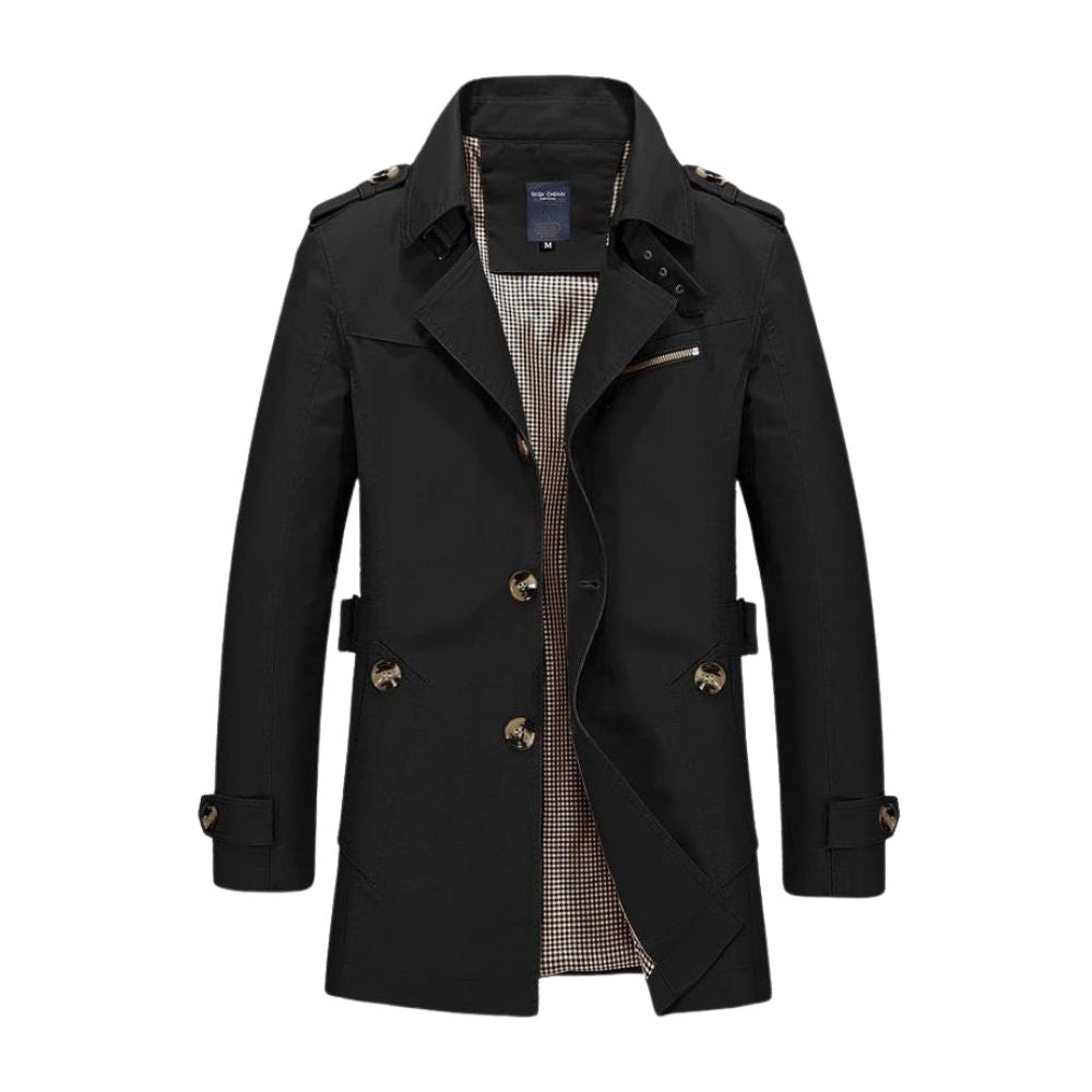 Manteau trench-coat noir pour homme, élégant et moderne, avec doublure à carreaux, boutons classiques et ceinture ajustable. Mode masculine automne-hiver.