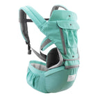 Porte-bébé ergonomique turquoise, design moderne, bretelles rembourrées, poches latérales, idéal pour confort et sécurité des parents et bébés.