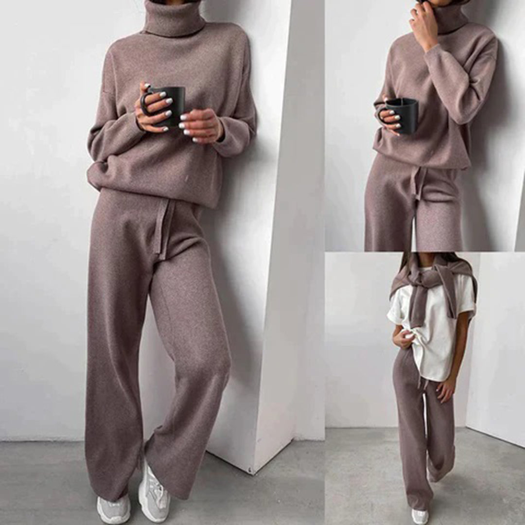 Vêtement Femme Ensemble Pull Col Roulé et Pantalon Tricoté