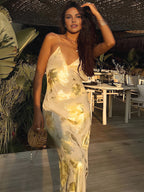Jade - Metallic Print V-Neck Backless Maxi Dress