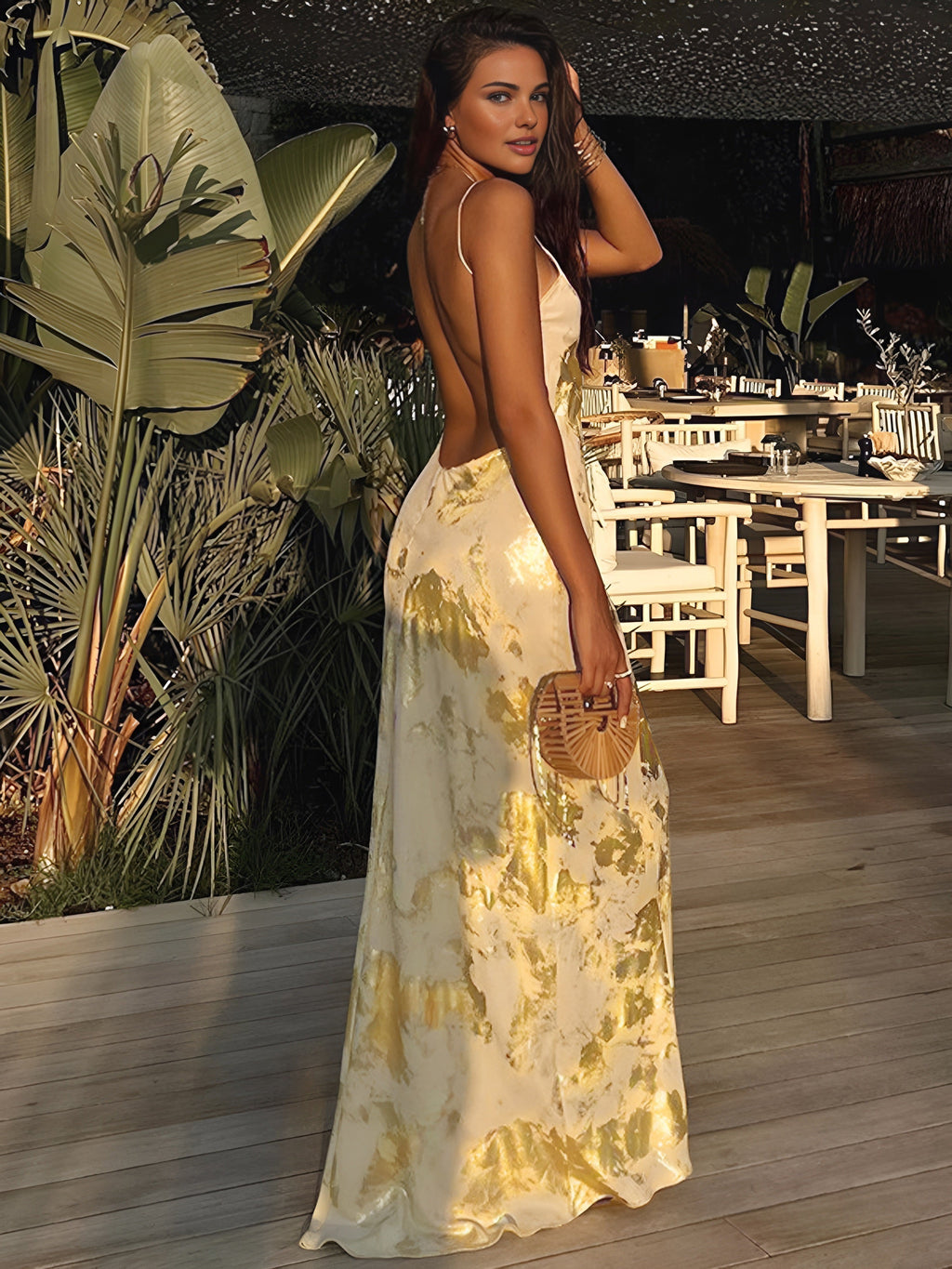 Jade - Metallic Print V-Neck Backless Maxi Dress