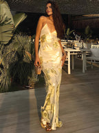 Jade - Metallic Print V-Neck Backless Maxi Dress