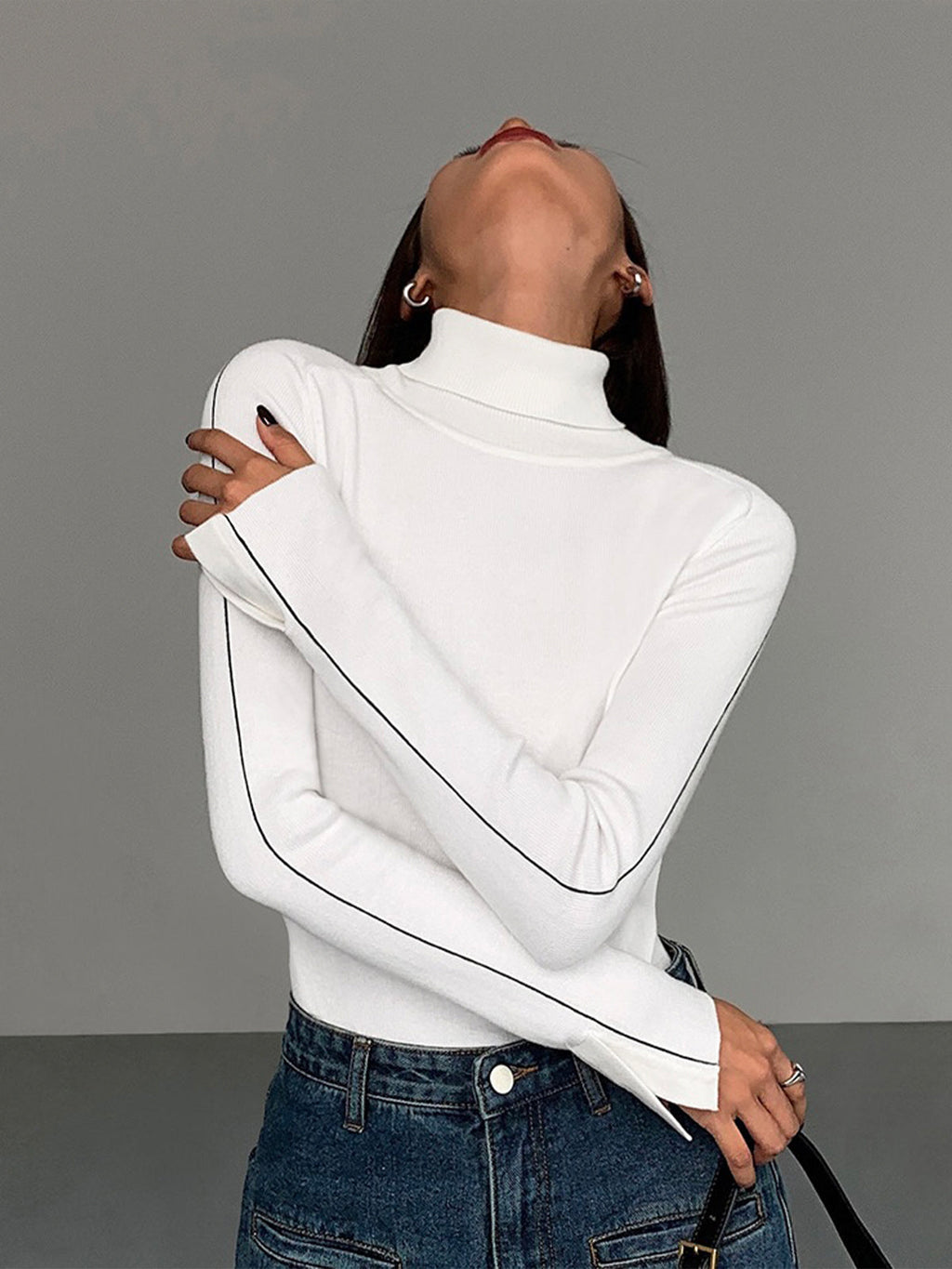 Pull à col roulé pour femme – Maille douce en polyester avec finitions contrastées