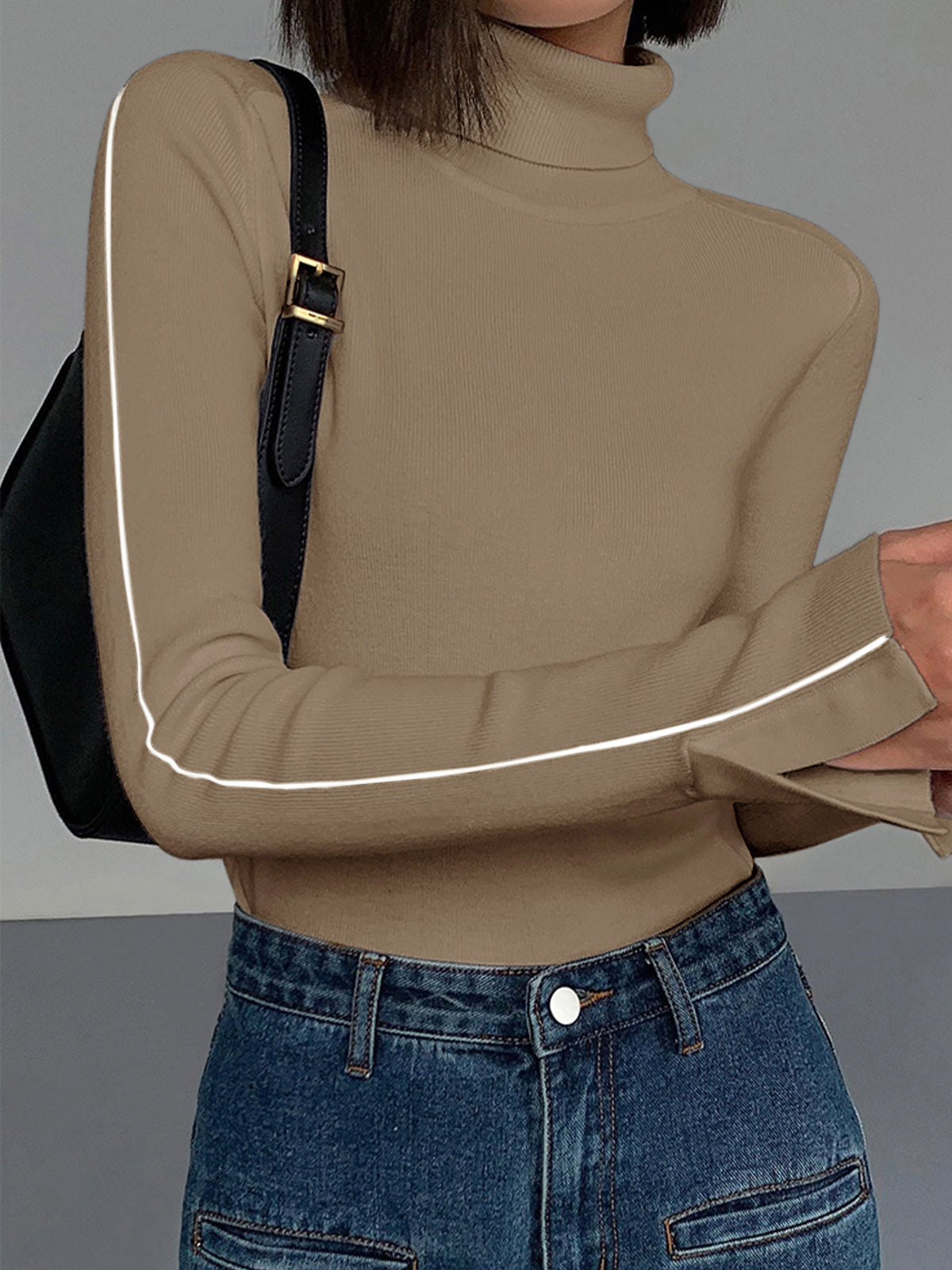 Pull à col roulé pour femme – Maille douce en polyester avec finitions contrastées