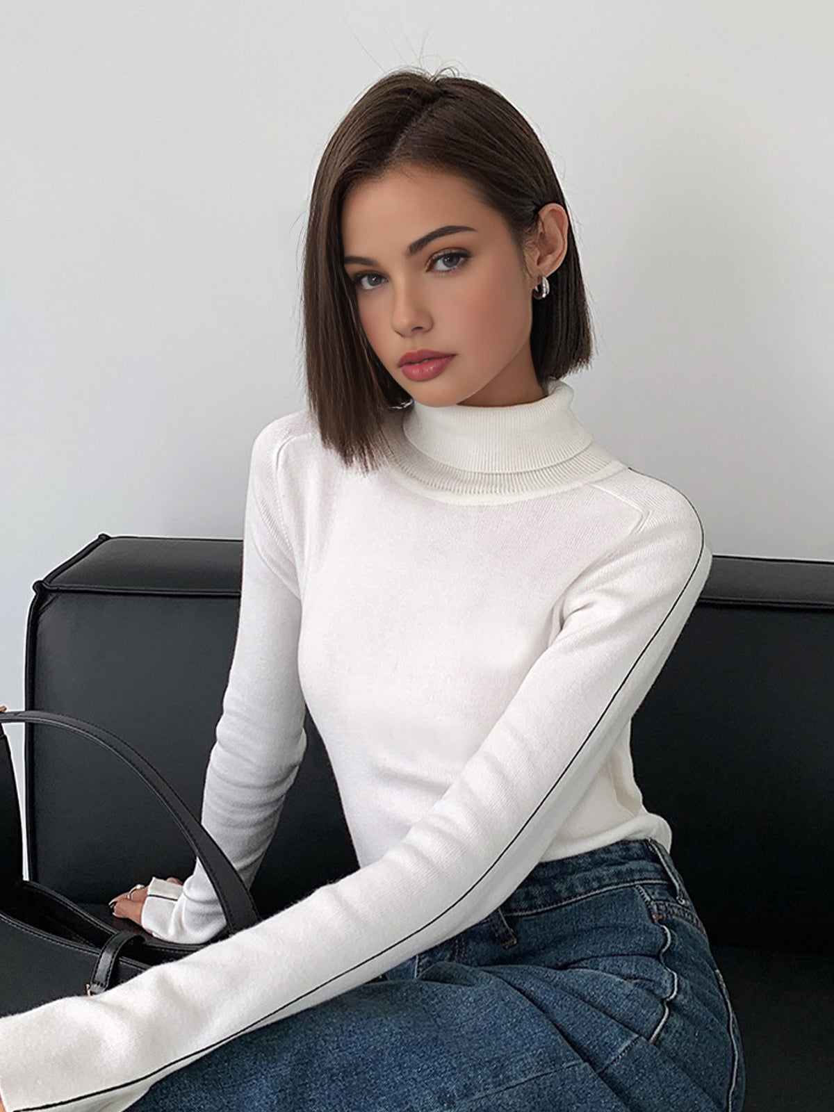 Pull à col roulé pour femme – Maille douce en polyester avec finitions contrastées