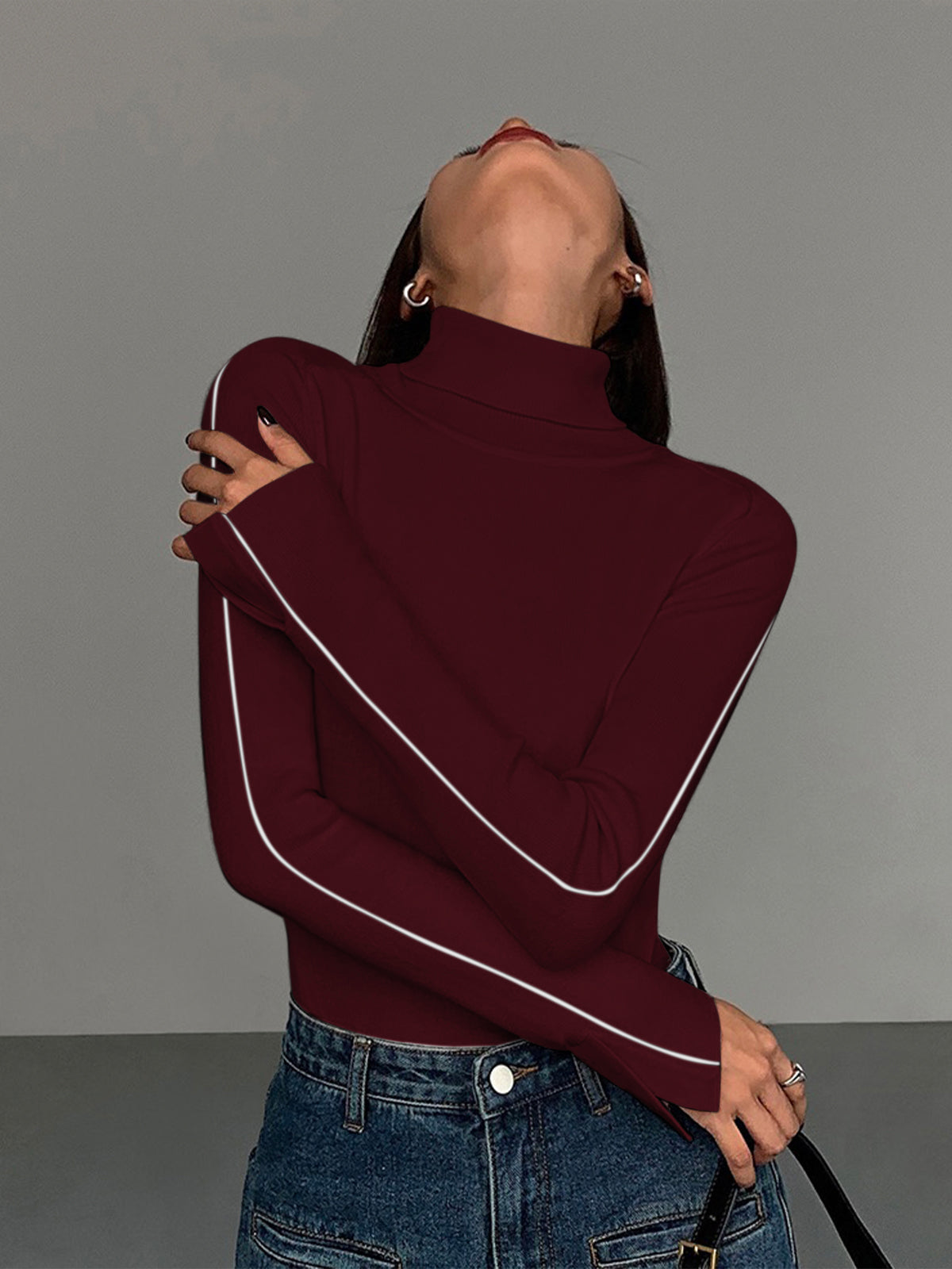 Pull à col roulé pour femme – Maille douce en polyester avec finitions contrastées