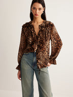 Chemisier chic imprimé léopard safari – Haut en mousseline à manches longues et col à volants pour femme