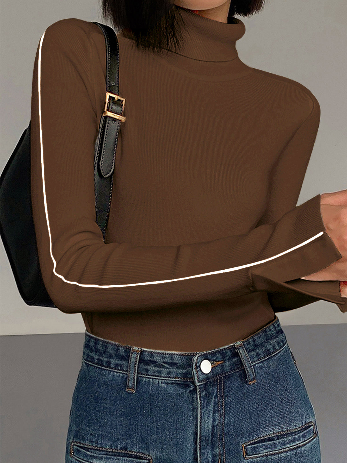 Pull à col roulé pour femme – Maille douce en polyester avec finitions contrastées