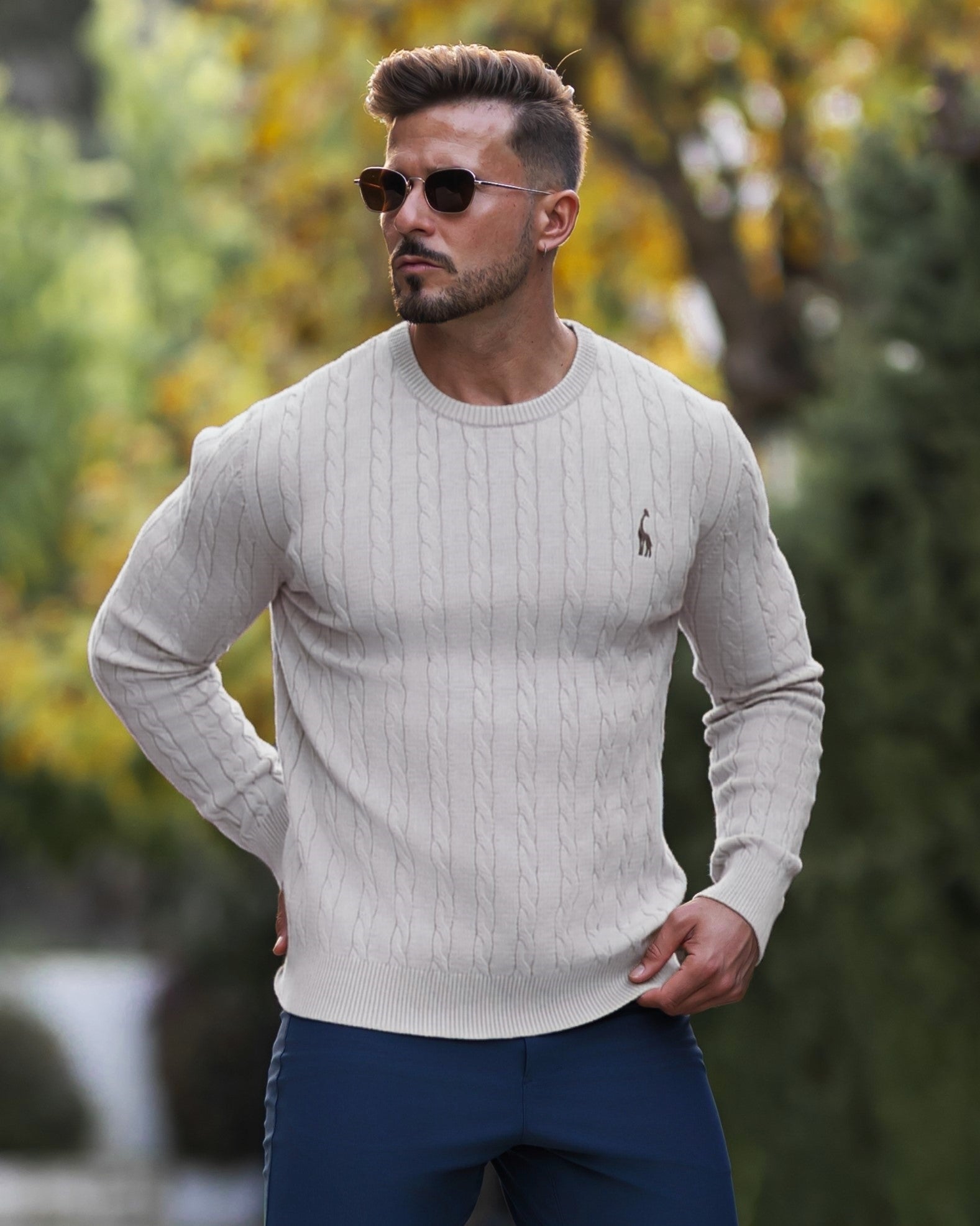 Homme portant un pull torsadé beige, lunettes de soleil, debout à l'extérieur avec un fond flou de verdure automnale. Mode masculine élégante.
