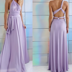 Robe longue lavande élégante avec dos croisé, ceinture nouée, tissu fluide. Idéale pour soirées, mariages, événements formels.