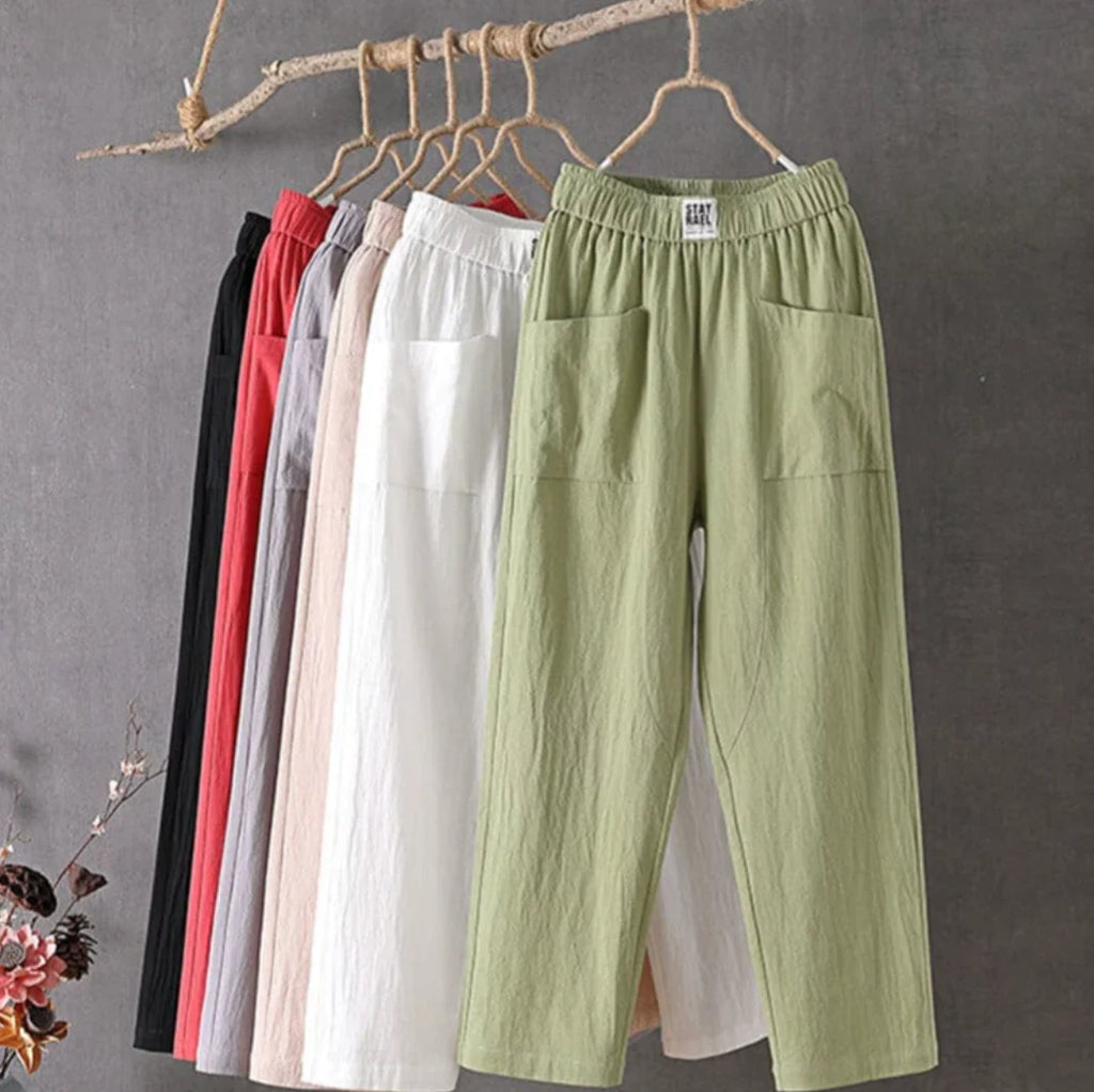 KLARA - Pantalon décontracté en coton et lin avec taille élastiquée, parfait pour l'automne