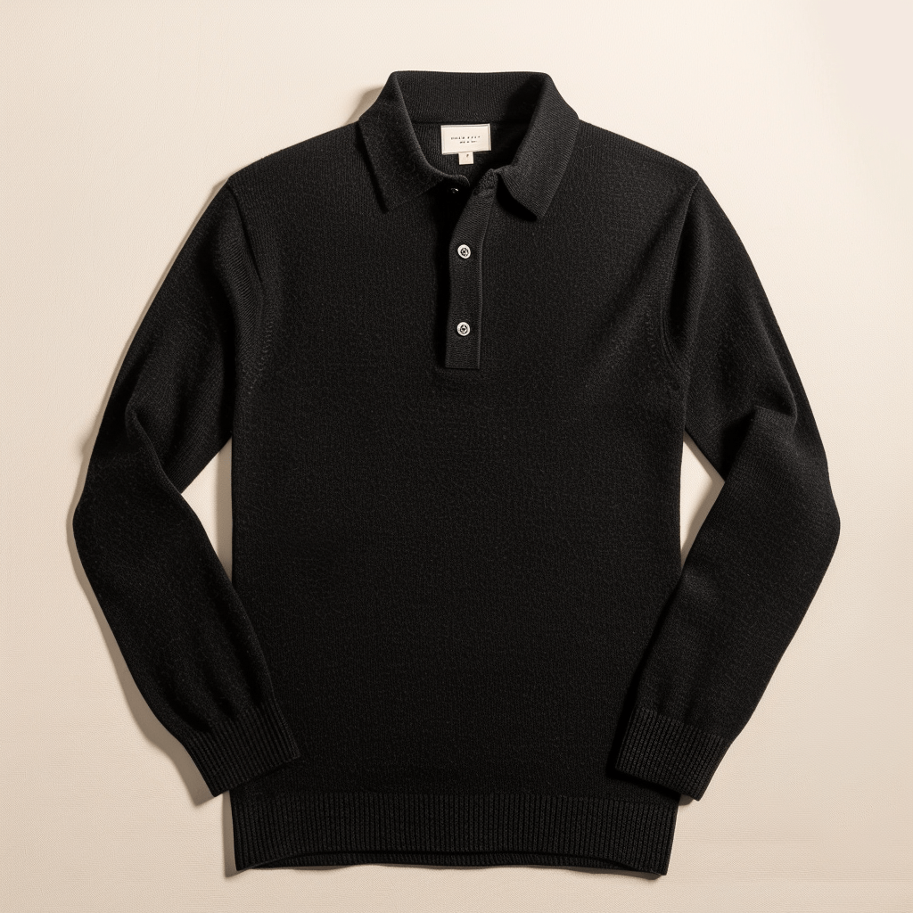 Polo noir en laine mérinos, manches longues, col classique, trois boutons, élégant et moderne, idéal pour un look chic et décontracté.