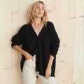 Femme portant un cardigan noir en laine, manches longues, sur fond de bois clair. Mode automne, style décontracté, tendance vêtements chauds.