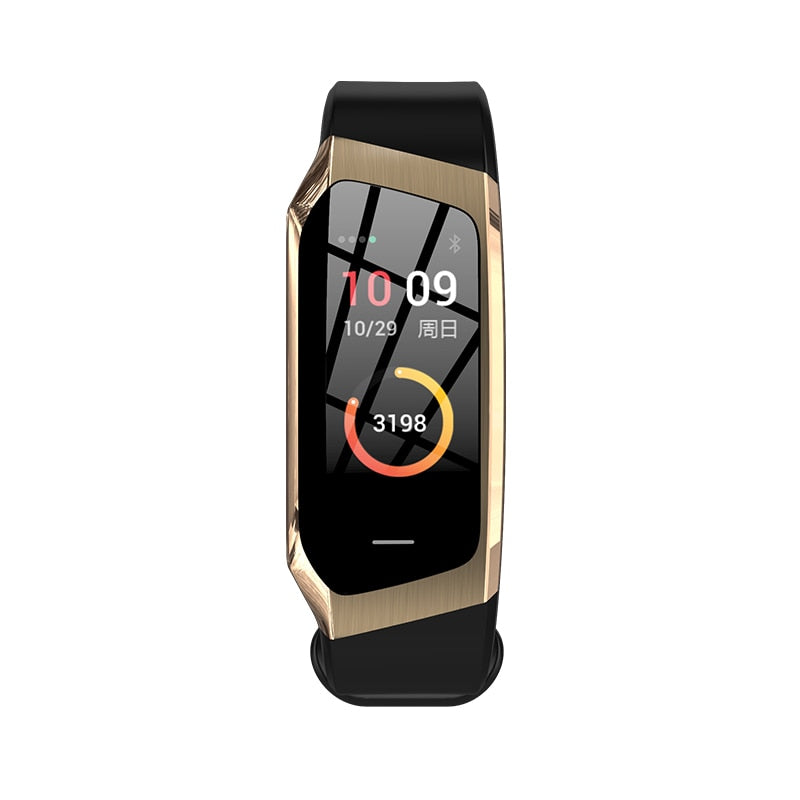 Montre connectée noire et or avec écran tactile affichant l'heure, la date et un graphique de suivi d'activité. Accessoire high-tech moderne.