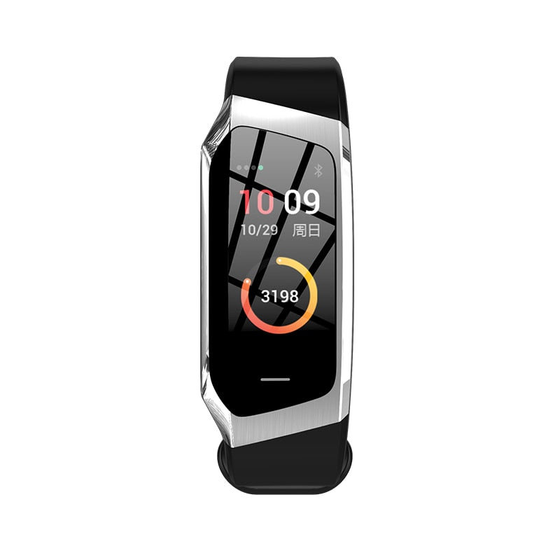 Bracelet connecté noir avec écran tactile affichant l'heure, la date et un compteur de pas. Design moderne, suivi d'activité, technologie Bluetooth.