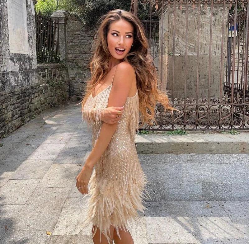Robe de cocktail pour femme avec franges de plumes