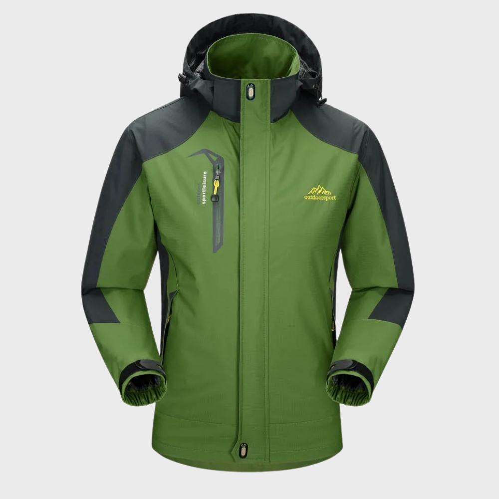 Veste de randonnée imperméable verte et noire pour homme, avec capuche, fermeture éclair, poches zippées, idéale pour activités extérieures.