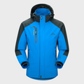 Veste de ski imperméable bleue et noire pour homme, capuche amovible, fermeture éclair, idéale pour sports d'hiver et activités extérieures.