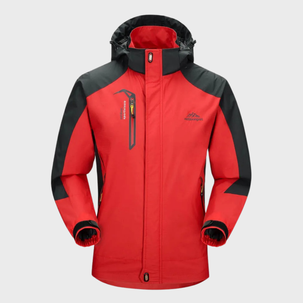Veste de randonnée imperméable rouge et noire pour homme, avec capuche, fermeture éclair, poches zippées, idéale pour activités extérieures.
