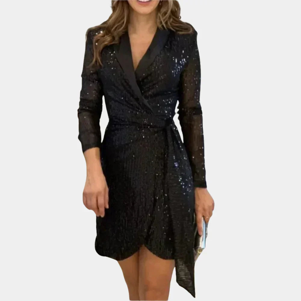 Robe noire à paillettes, manches longues, col en V, ceinture nouée, tenue de soirée élégante, mode femme chic, style glamour.