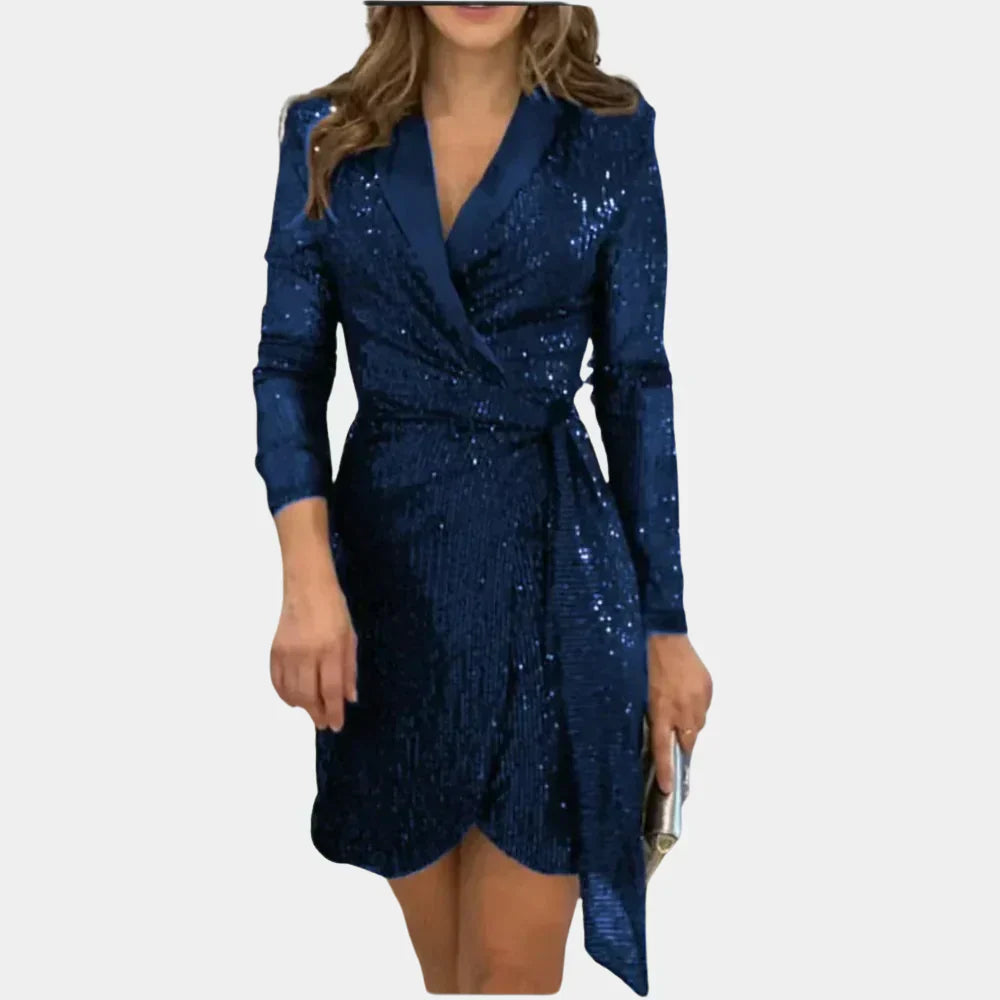 Robe de soirée bleu marine à paillettes, manches longues, col en V, ceinture nouée, tenue élégante pour événements formels et fêtes.