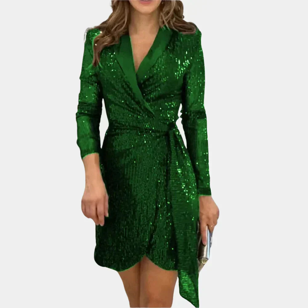 Robe verte à paillettes pour femme, manches longues, col en V, style portefeuille, élégante et festive, idéale pour soirées et événements spéciaux.