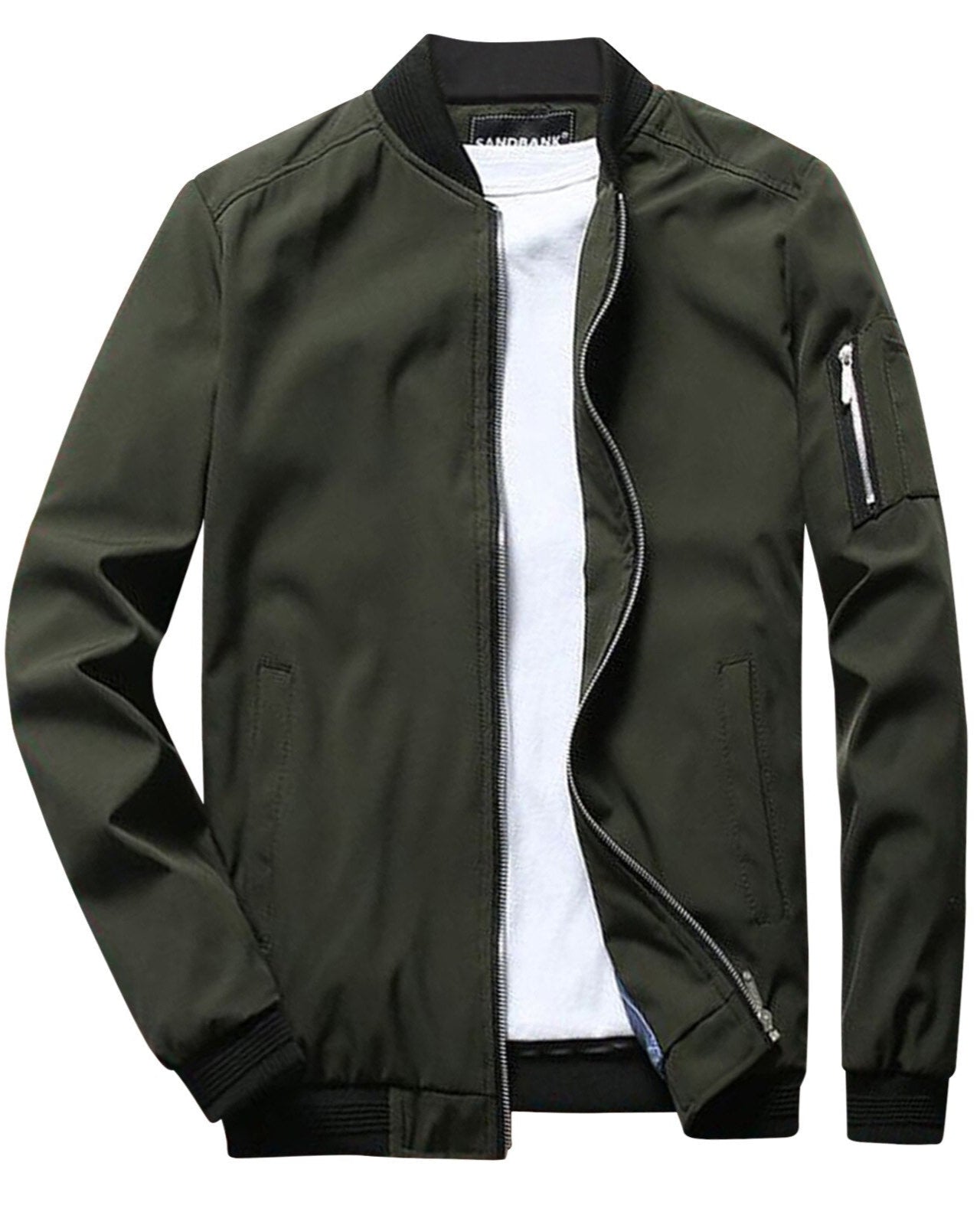 Veste bomber verte pour homme avec fermeture éclair, poche zippée sur la manche, col et poignets côtelés, style décontracté moderne.