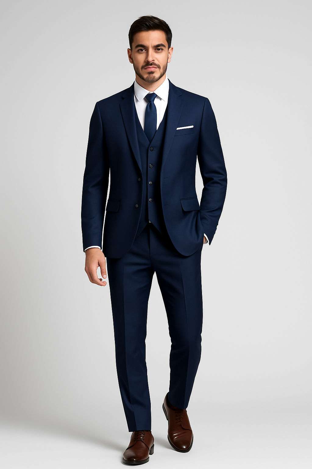 Homme en costume bleu marine élégant, cravate assortie, chemise blanche, chaussures marron, posant debout sur fond gris. Mode masculine formelle.