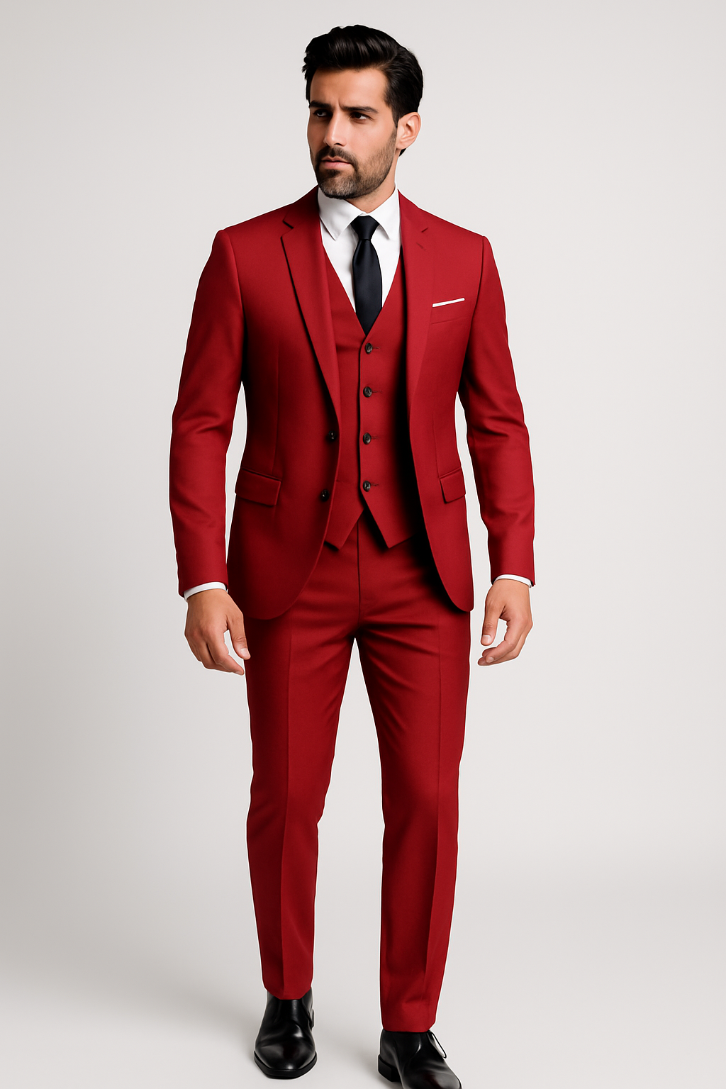 Homme en costume rouge élégant, cravate noire, chemise blanche, posant debout. Mode masculine, style formel, tendance vestimentaire.