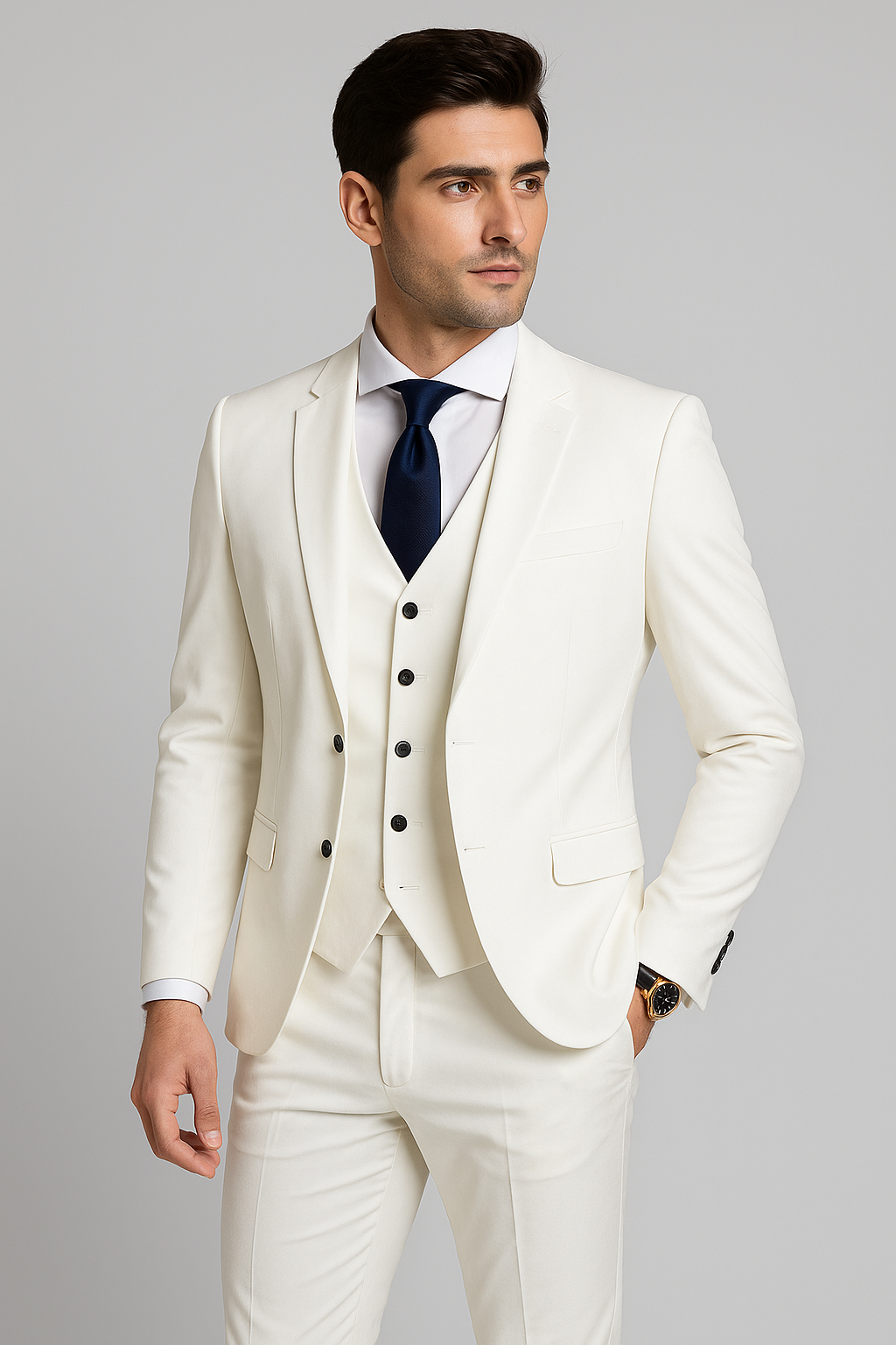 Homme en costume blanc élégant, cravate noire, chemise blanche, posant sur fond gris. Mode masculine, tenue formelle, style sophistiqué.
